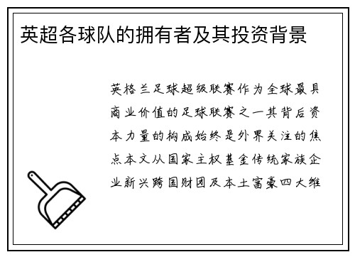 英超各球队的拥有者及其投资背景